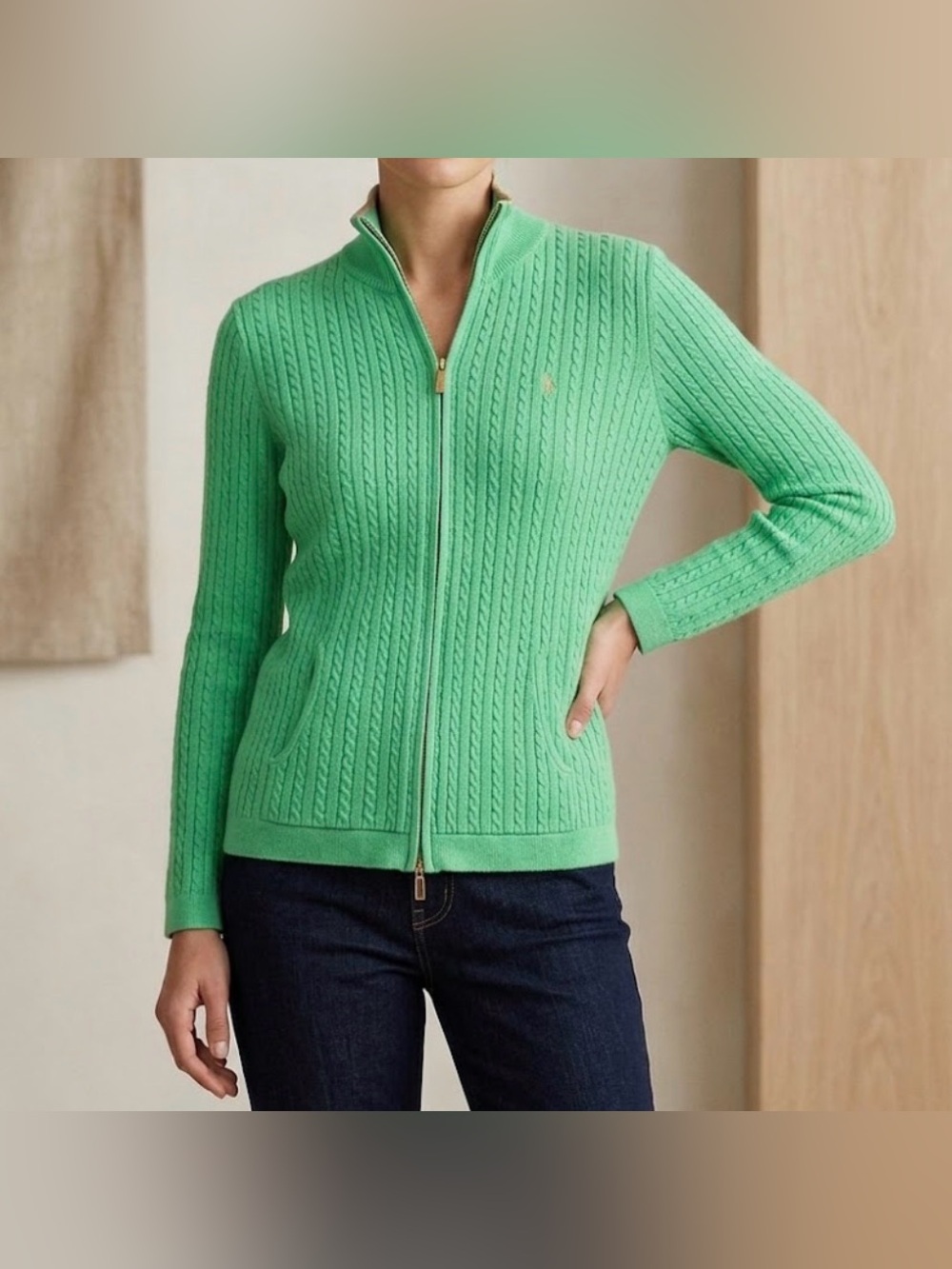 Lauren Ralph Lauren Green Cable Knit Zip Cardigan Sweater Gold Trim Size L